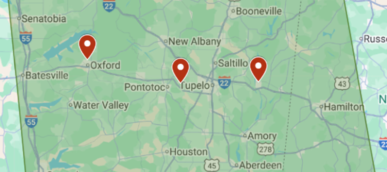 K&S Digging service area map showing North Mississippi coverage including Tupelo, Oxford, and Southaven